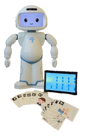 QTrobot with tablet and therapy cards